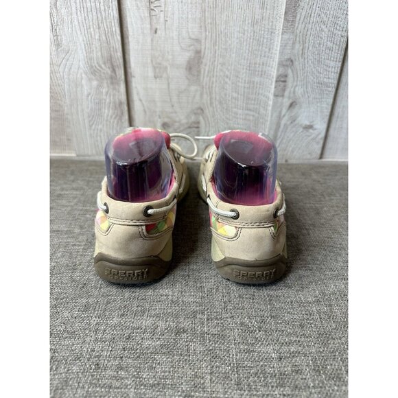 Girls Sperry Top Sider Boat Shoes Size 4M Intrepid Tan Leather Pink Green Plaid - Picture 3 of 7